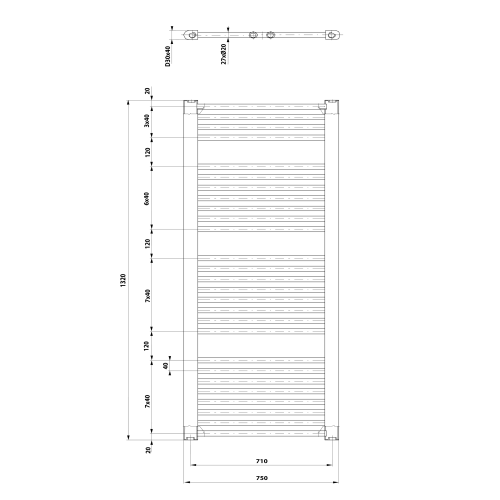 Grzejnik łazienkowy 750 x 1320 mm biały 996 W DIRECT ILR37T Aqualine rysunek techniczny