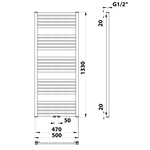 Grzejnik łazienkowy 500 x 1330 mm czarny mat 611 W GRUNT 600.122.6 BRUCKNER rysunek techniczny