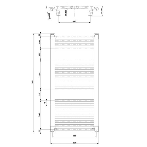 Grzejnik łazienkowy 600 x 960 mm biały 597 W ORBIT ILO96T Aqualine  rysunek techniczny