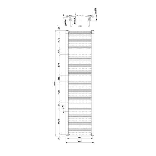 Grzejnik łazienkowy 600 x 1850 mm biały 1148 W ORBIT ILO86T Aqualine rysunek techniczny