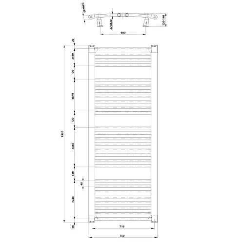 Grzejnik łazienkowy 750 x 1320 mm biały 996 W ORBIT ILO37T Aqualine  rysunek techniczny