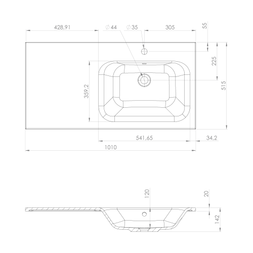 Umywalka kompozytowa prawa 110 x 51,5 cm ARECA AC101R Sapho rysunek techniczny