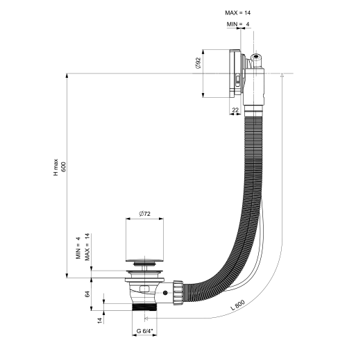 Syfon automatyczny do wanny z napełnianiem MARBLE długość 800 mm czarny mat 11052.21 Polysan rysunek techniczny