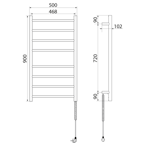 Łazienkowa suszarka elektryczna 500 x 900 mm czarny mat 75 W REDONDO ER220BV Sapho rysunek techniczny