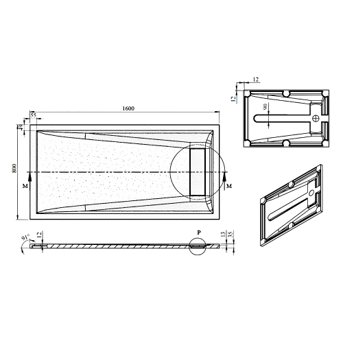 Brodzik prysznicowy prostokątny kompozytowy 160 x 80 cm biały ELEA PEL16080 GELCO rysunek techniczny