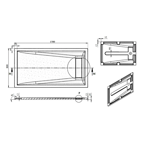 Brodzik prysznicowy prostokątny kompozytowy 150 x 80 cm biały ELEA PEL15080 GELCO rysunek techniczny