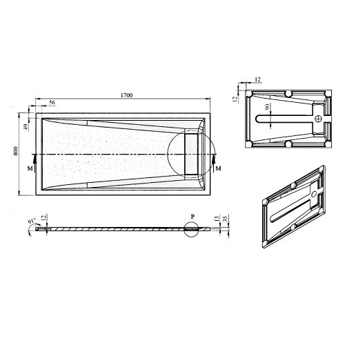 Brodzik prysznicowy prostokątny kompozytowy 170 x 80 cm biały ELEA PEL17080 GELCO rysunek techniczny