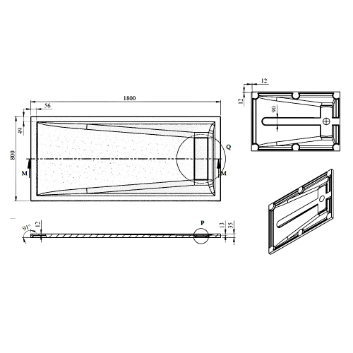 Brodzik prysznicowy prostokątny kompozytowy 180 x 80 cm biały ELEA PEL18080 GELCO  rysunek techniczny