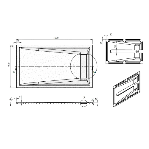 Brodzik prysznicowy prostokątny kompozytowy 160 x 90 cm biały ELEA PEL16090 GELCO rysunek techniczny