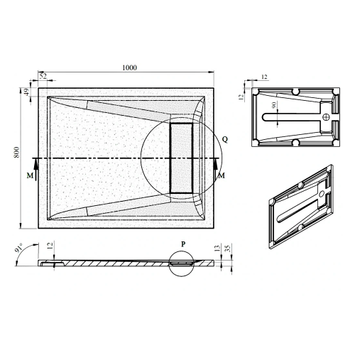 Brodzik prysznicowy prostokątny kompozytowy 100 x 80 cm biały ELEA PEL10080 GELCO rysunek techniczny