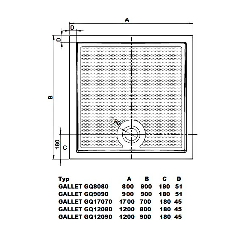 Brodzik prysznicowy prostokątny kompozytowy 120 x 90 cm GALLET GQ12090 GELCO  rysunek techniczny