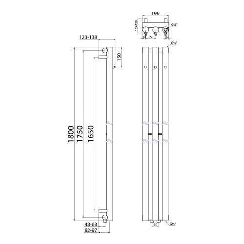 Grzejnik łazienkowy 196 x 1800 mm czarny mat z wieszaczkami 464 W PILON IZ128T Sapho rysunek techniczny