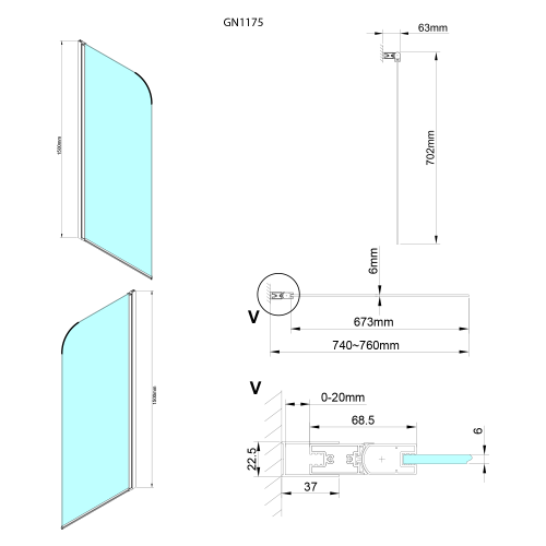 Parawan nawannowy 750 mm LORO GN1175 Gelco rysunek techniczny