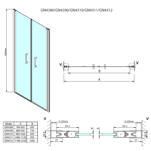 Drzwi prysznicowe do wnęki dwuskrzydłowe 90 x 200 cm LORO GN4390 Gelco  rysunek techniczny