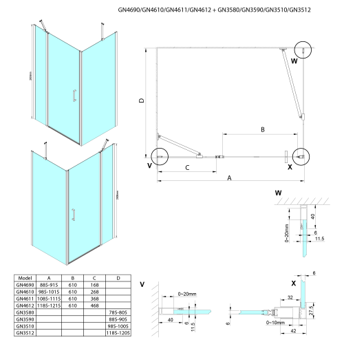 Kabina prysznicowa narożna prostokątna 120 x 100 x 200 cm LORO GN4612-01 Gelco rysunek techniczny