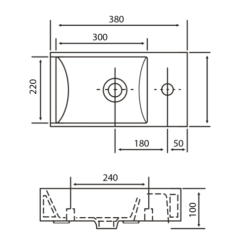 Umywalka ceramiczna 38 x 22 cm biały prawa MARGITHA MGT3822 Sapho rysunek techniczny