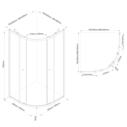 ARLETA Kabina prysznicowa narożna półokrągła 90x90x185 cm profil czarny mat szkło czyste BLS900 Aqualine rysunek techniczny