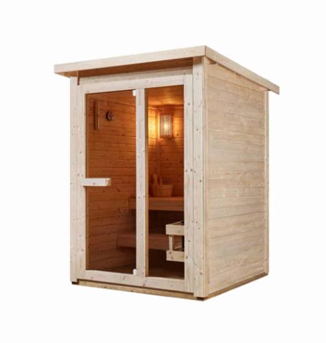 Sauna zewnętrzna ogrodowa 3 osobowa sucha Fińska HELSINKI F30150 Sanotechnik widok z boku