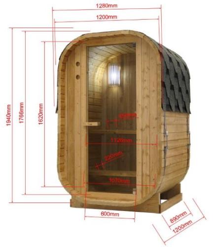 Sauna zewnętrzna ogrodowa 1 - 2 osobowa sucha Fińska w kształcie beczki 128,2 x 120 x 194 cm LINDHOLM F60120 Sanotechnik wymiary