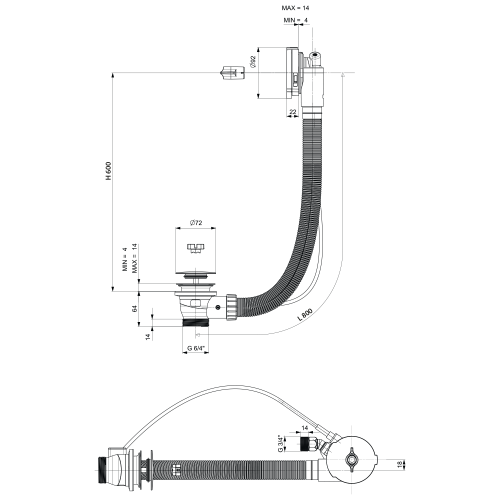 Syfon automatyczny do wanny z napełnianiem 800 mm 72 mm biały 71853.10 Polysan rysunek techniczny