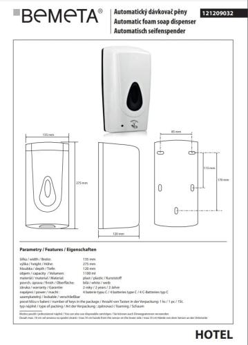 Automatyczny dozownik do mydła 1000 ml biały 121209032 Bemeta wymiary i rysunek techniczny