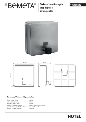Dozownik do mydła 1500 ml stal nierdzewna mat 105109205 Bemeta wymiary i rysunek techniczny