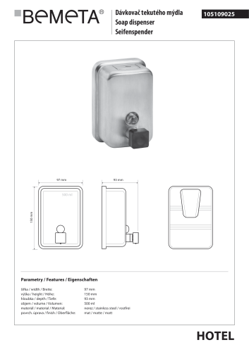 Dozownik do mydła 500 ml stal nierdzewna mat 105109025 Bemeta wymiary i rysunek techniczny
