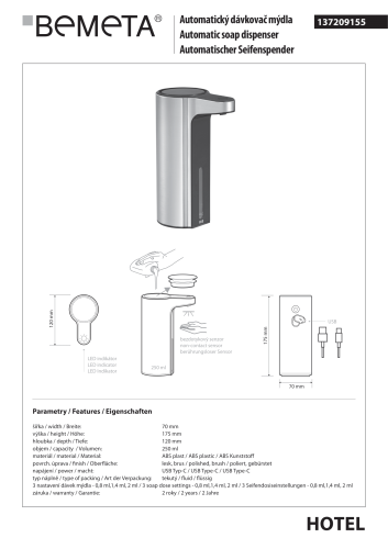 Automatyczny dozownik do mydła 250 ml stal nierdzewna mat 137209155 Bemeta wymiary i rysunek techniczny