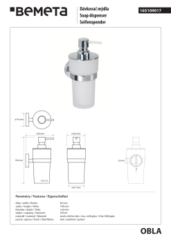 Dozownik do mydła 300 ml OBLA chrom 165109017 Bemeta wymiary i rysunek techniczny