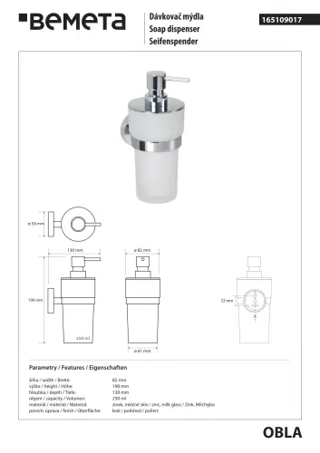 Dozownik do mydła 300 ml OBLA chrom 165109017 Bemeta wymiary i rysunek techniczny