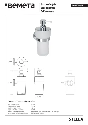 Dozownik do mydła 300 ml STELLA chrom 166109017 Bemeta wymiary i rysunek techniczny