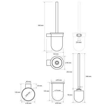Szczotka WC wisząca szczotka biała ORGANIC BLACK 167113140 Bemeta wymiary i rysunek techniczny