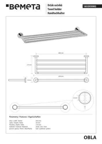 Wieszak poczwórny na ręczniki 60 cm chrom OBLA 165205082 Bemeta wymiary i rysunek techniczny