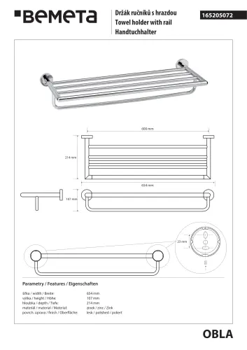 Wieszak poczwórny na ręczniki 60 cm chrom OBLA 165205072 Bemeta wymiary i rysunek techniczny