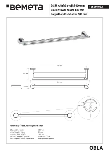 Wieszak podwójny na ręczniki 60 cm chrom OBLA 165204052 Bemeta wymiary i rysunek techniczny