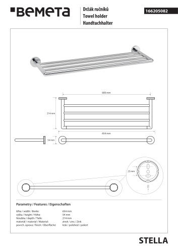 Wieszak poczwórny na ręczniki 60 cm chrom STELLA 166205082 Bemeta wymiary i rysunek techniczny