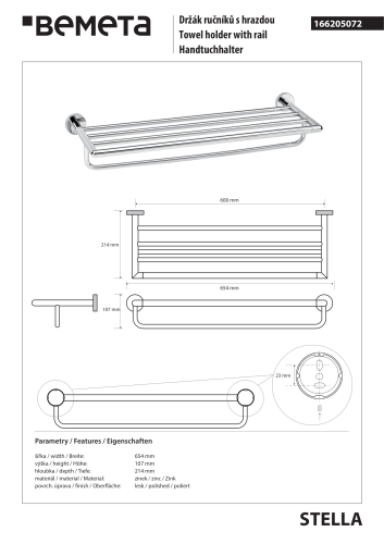 Wieszak poczwórny na ręczniki 60 cm chrom STELLA 166205072 Bemeta wymiary i rysunek techniczny