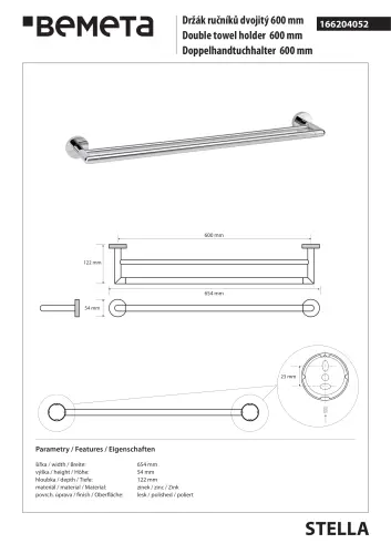 Wieszak podwójny na ręczniki 60 cm chrom STELLA 166204052 Bemeta wymiary i rysunek techniczny