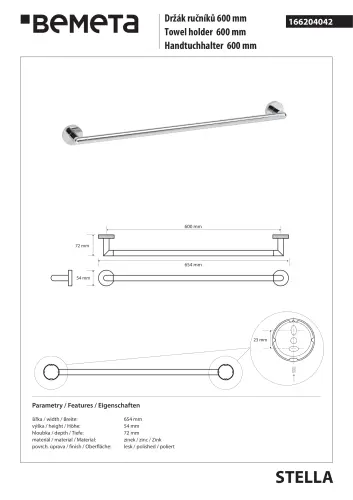 Wieszak na ręczniki 60 cm chrom STELLA 166204042 Bemeta wymiary i rysunek techniczny