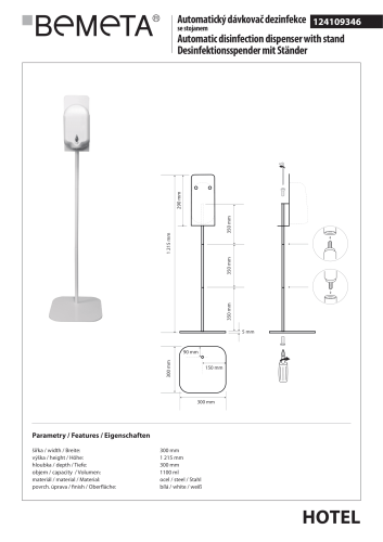 Automatyczny dozownik do mydła ze stojakiem 1100 ml biały 124109346 Bemeta wymiary i rysunek techniczny