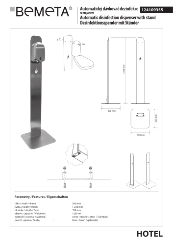 Automatyczny dozownik do mydła ze stojakiem 1200 ml stal nierdzewna mat 124109355 Bemeta wymiary i rysunek techniczny