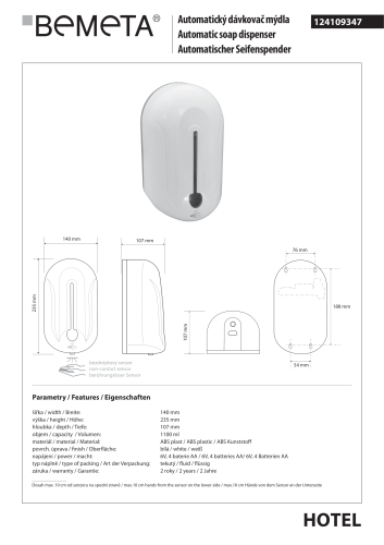 Automatyczny dozownik do mydła 1100 ml biały 124109347 Bemeta wymiary i rysunek techniczny