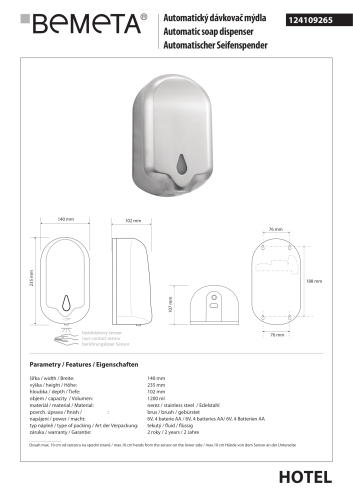 Automatyczny dozownik do mydła 1200 ml stal nierdzewna mat 124109265 Bemeta wymiary i rysunek techniczny