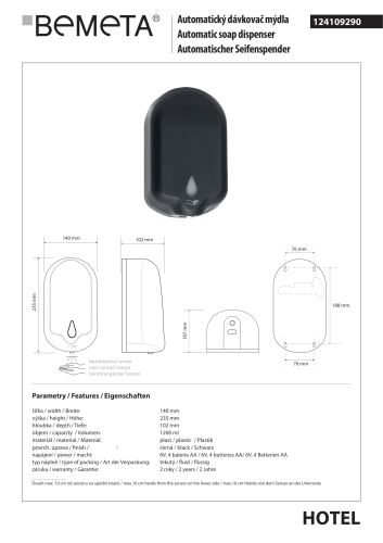 Automatyczny dozownik do mydła 1200 ml czarny 124109290 Bemeta wymiary i rysunek techniczny