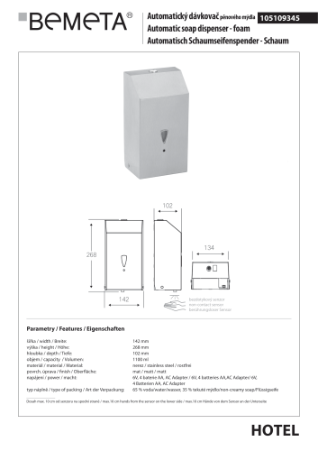Automatyczny dozownik do mydła w pianie 1100 ml stal nierdzewna mat 105109345 Bemeta wymiary i rysunek techniczny