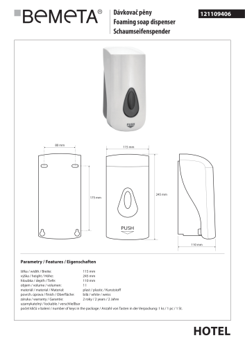 Dozownik do mydła w pianie 1000 ml biały 121109406 Bemeta wymiary i rysunek techniczny