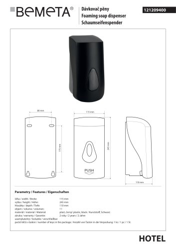 Dozownik do mydła w pianie 1000 ml czarny 121209400 Bemeta wymiary i rysunek techniczny