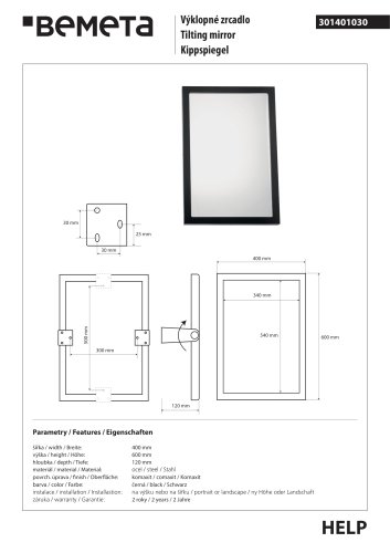 Lustro obrotowe 40x60 cm rama czarny mat 301401030 Bemeta wymiary i rysunek techniczny