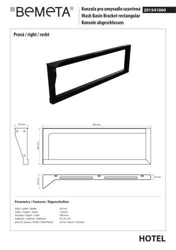 Wspornik do umywalki reling 49 cm prawy czarny 201541060 Bemeta wymiary i rysunek techniczny