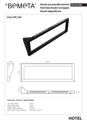 Wspornik do umywalki reling 49 cm lewy czarny 201541050 Bemeta wymiary i rysunek techniczny